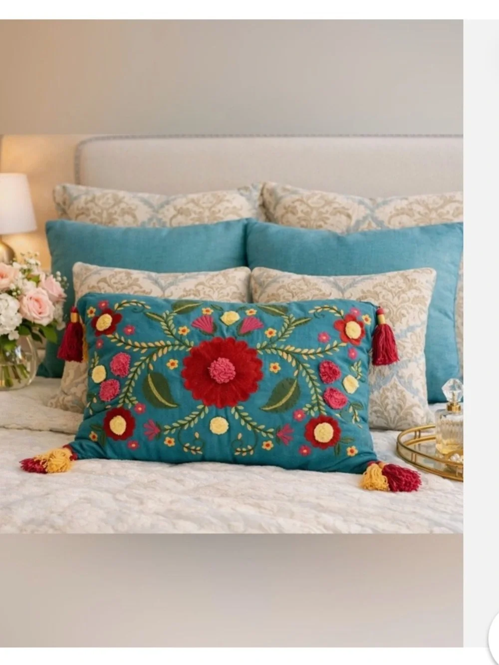 Pier 1 Fiesta Floral teal lumber embroidered  lumbar pillow boho fringe tassels
